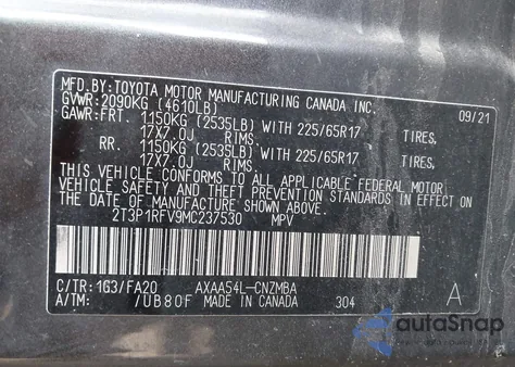 2021 Toyota Rav4 Xle from USA, damaged, VIN 2T3P1RFV9MC237530